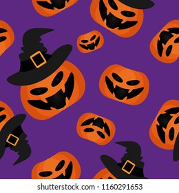 Halloween seamless pattern with cute Halloween pumpkin with witches hat.