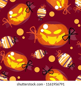 Halloween seamless pattern with cute Halloween pumpkin candy.