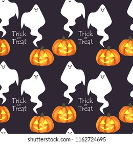 Halloween seamless pattern with cute Halloween pumpkin, ghost and Trick or Treat text.
