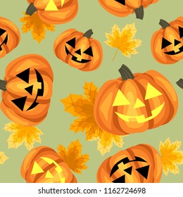 Halloween seamless pattern with cute Halloween pumpkin and autumn leaves.