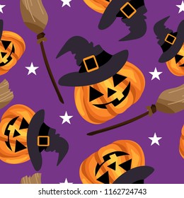 Halloween seamless pattern with cute Halloween pumpkin with witches hat and broom.