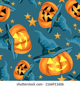 Padrão sem emenda de Halloween com linda abóbora de Halloween com chapéu de bruxas e estrelas.