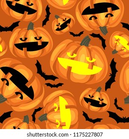Halloween seamless pattern with cute Halloween pumpkin lantern and bats