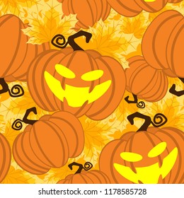 Halloween seamless pattern with cute Halloween pumpkin and autumn leaves.