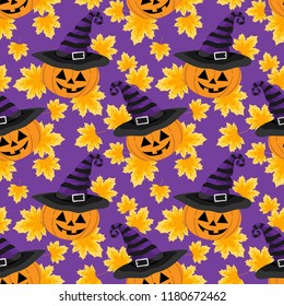 Halloween seamless pattern with cute Halloween pumpkin with witches hat and autumn leaves.