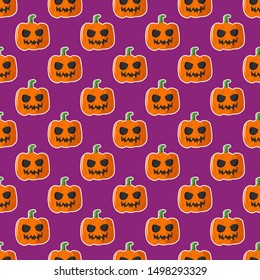 Halloween seamless pattern with cute Halloween pumpkin on purple background, Vector cartoon Illustration