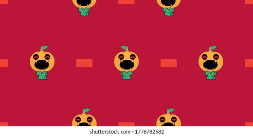 Patrón impecable de Halloween, Cute calabaza diablo sobre fondo rojo, Cute iconos fantasmas.	
