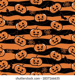 Halloween seamless pattern with cute Halloween pumpkin with bats and spider webs.
