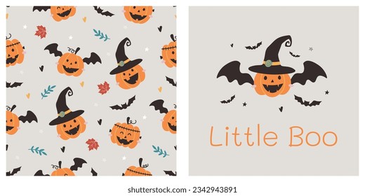 Halloween nahtloses Muster mit süßem Kürbis und Fledermaus. Text " Little Boo ". Vektorgrafik. Design für Gewebe, Textilien, Tapeten, Umhüllung, Karte, Poster