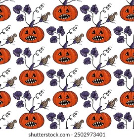 Patrón sin fisuras de Halloween con cara de calabaza linda. Ilustración vectorial