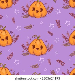 Halloween Seamless pattern with cute pumpkin jack o lantern on purple background. Vector illustration for festive design, packaging, wallpaper, textile