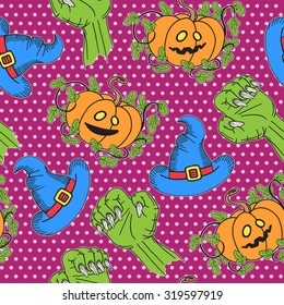 Halloween seamless pattern with cute pumpkin, zombie hands, wizard hat. Vector scary trick or treat background.