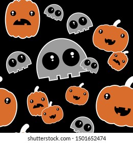 Halloween seamless pattern with the cute pumpkins and skulls.