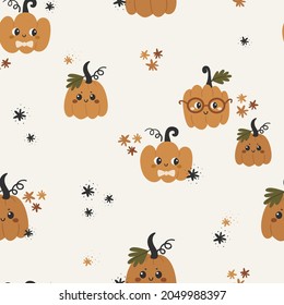 Halloween seamless pattern with cute pumpkins. 