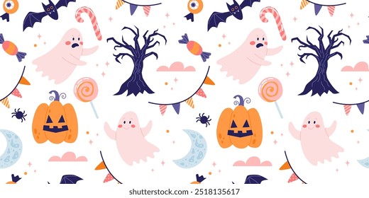 Halloween seamless pattern with cute pumpkins and ghosts. Vector illustration in flat style