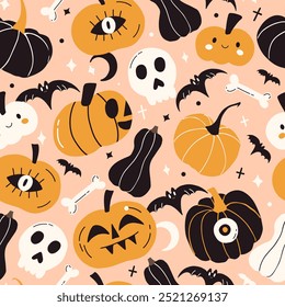 Patrón sin fisuras de Halloween. Lindas calabazas, murciélago y cráneo de fondo. Estampado espeluznante de fiesta de otoño. Textura gráfica divertida de la tela. Ilustración plana de Vector