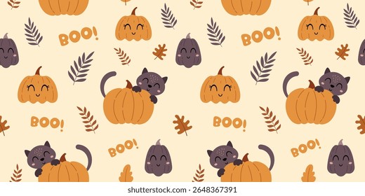 Halloween seamless pattern with cute pumpkins, cat, fall leaves. Spooky Halloween hand drawn vector background.	