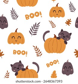 Halloween seamless pattern with cute pumpkins, cat, fall leaves. Spooky Halloween hand drawn vector background.	
