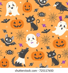 Halloween seamless pattern with cute pumpkins, ghosts, black cat, bats, raven, skin-walker and sweets on orange background.