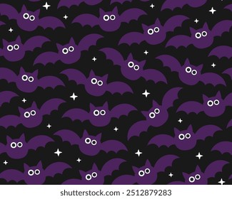 Halloween seamless pattern. Cute purple bats on a black background. Spooky, dark, funny pattern for wrapping paper, textile. Lots of little bats.