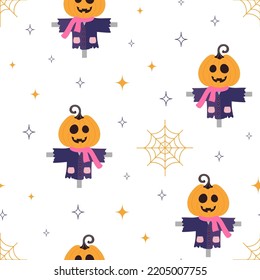 halloween seamless pattern of cute scarecrow on stars and spiderweb background, vector illustration in flat style