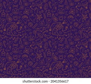 Halloween seamless pattern with cute skeleton, pumpkins, zombies, ghosts, treats and other halloween elements. Halloween vector background Illustration doodle thin line style design.
