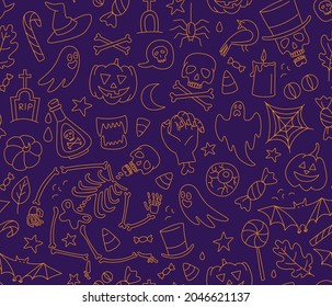 Halloween seamless pattern with cute skeleton, pumpkins, zombies, ghosts, treats and other halloween elements. Halloween vector background Illustration doodle thin line style design.