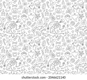 Halloween seamless pattern with cute skeleton, pumpkins, zombies, ghosts, treats and other halloween elements. Halloween vector background Illustration doodle thin line style design.