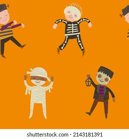 Halloween seamless pattern with cute skeleton and mummy on orange background. Autumn kids digital background with vector hand drawn elements. Seamless pattern for kids fabric and scrapbook paper.