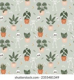 Patrón ininterrumpido de Halloween con esqueletos Cute bailando en el jardín sobre fondo verde sabio. Ilustración vectorial del Día de los Muertos. Perfecto para envolver, tela, decoración casera y textiles