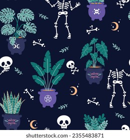 Halloween seamless pattern with Cute Skeletons dancing in the garden on navy blue background. Vector holiday illustration for Day of the dead. Perfect for wrapping, fabric, home decor and Textile