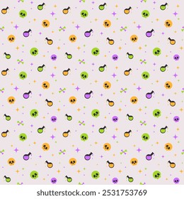 Halloween Seamless Pattern with cute skull, bones, bottle of poison and stars on white background. Vector illustration with repeating print. in minimalist flat style