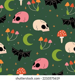 Halloween seamless pattern with cute skulls, mushrooms, bats and moon. Flat vector autumn holiday background.  Spooky mystical illustration