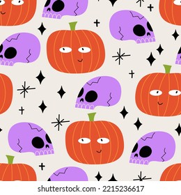 Halloween seamless pattern with cute skulls and pumpkins. Flat vector autumn holiday background. Spooky illustration