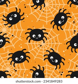 Halloween seamless pattern with cute spider. Cartoon Animals Background, Vector Illustration. Design for background, wallpaper, clothing, wrapping, fabric and all your creative project.