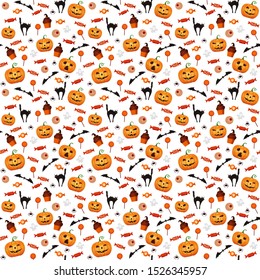 Halloween seamless pattern with cute and spooky smiling pumpkins, jack-o-lantern, muffins with witch hats, eyeballs, sweets, ghosts, spiders, bats, lollipops and frightened cats on white background.