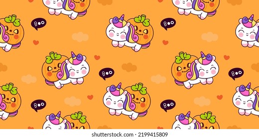 Halloween Seamless Pattern Cute Unicorn And Pumpkin Jack O Lantern Fairy Tales Illustration. Series Trick Or Treat Cartoon Autumn Season. Perfect Make A Wish For Pattern, Background, And Wallpaper.