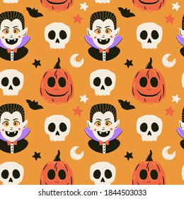 Halloween seamless pattern with cute vampire, pumpkin and skull. Spooky vector illustration. Trick or treat holiday background. Hand drawn endless texture for textile, wrapping paper, fabric design. 