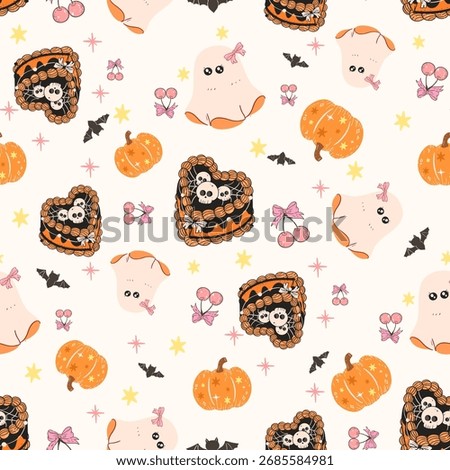 Halloween seamless pattern, 
Cute Halloween, Vintage Retro Pink Seamless Pattern, Vintage Coquette Halloween seamless file, Retro Ghost seamless file, Autumn Retro Cake  Digital wallpaper, wrapping 
