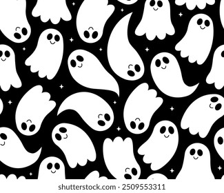 Halloween seamless pattern. Cute white ghosts on a black background. Different smiling little ghosts and spirits. Design for wrapping paper, textile. Spooky, horror pattern.