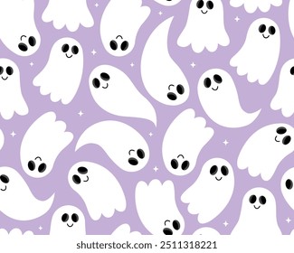 Halloween seamless pattern. Cute white ghosts on a purple background. Different smiling little ghosts and spirits. Design for wrapping paper, textile. Spooky pattern.