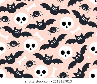 Halloween seamless pattern. Cute white skulls and bones, black spiders and bats on a light pink background. Spooky, funny pattern for wrapping paper, textile.