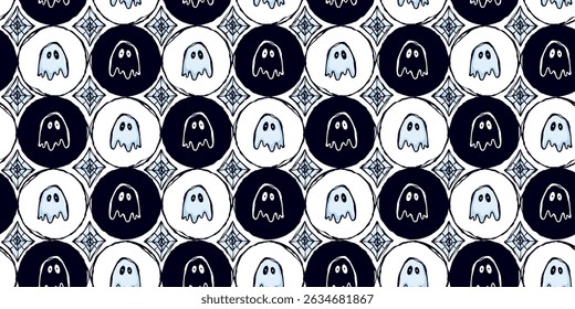 Halloween Seamless Pattern with Cute White and Black Ghosts and Spider Web in Black Circle Grid. Playful hand drawn spooky spirits perfect for print, web, fashion, cards, wrapping paper