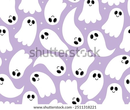 Halloween seamless pattern. Cute white ghosts on a purple background. Different smiling little ghosts and spirits. Design for wrapping paper, textile. Spooky pattern.