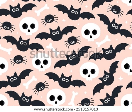 Halloween seamless pattern. Cute white skulls and bones, black spiders and bats on a light pink background. Spooky, funny pattern for wrapping paper, textile.