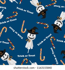 Halloween seamless pattern with cute witch scarecrow Lollipop, candy cane and Trick or Treat text.