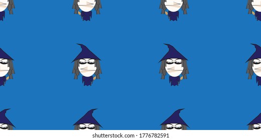 Halloween seamless pattern, Cute a witch on blue background, Cute ghost icons.	
