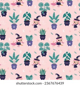 Halloween seamless pattern with Cute witch and indoor plants on pink background. Vector illustration in cartoon style. kids collection