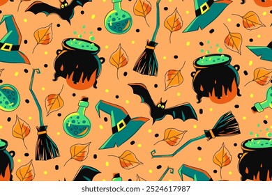 
Halloween seamless pattern. Cute witch pattern with bat, witch cauldron, broom, hat, poison bottle and autumn leaves. Happy Halloween. Vector illustration. Design for printing.