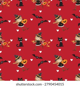 Halloween seamless pattern with cute witch girl, odd-eyed black cat, and bats. Adorable little witch repeat pattern with pumpkins and white hearts on red.

A vibrant and whimsical Halloween seamless repeat pattern featuring a cute little witch girl in two playful poses, one carrying a smiling jack-o'-lantern pumpkin and another running with a trick-or-treat candy basket. This cheerful holiday vector illustration includes a charming odd-eyed black cat with blue and yellow eyes, friendly flying bats, and tiny white hearts scattered on a bold red background. Perfect for children's autumn apparel, festive fabric design, gift wrapping paper, holiday stationery, and cute Halloween packaging.